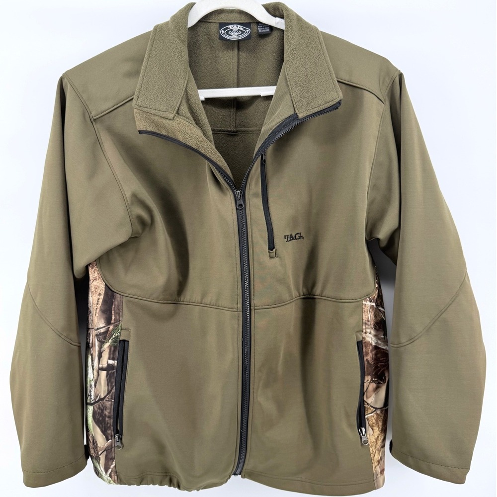 TAG Safari Softshell Jacket Mens L Olive Realtree Camo Fleece Lined Hunting Coat